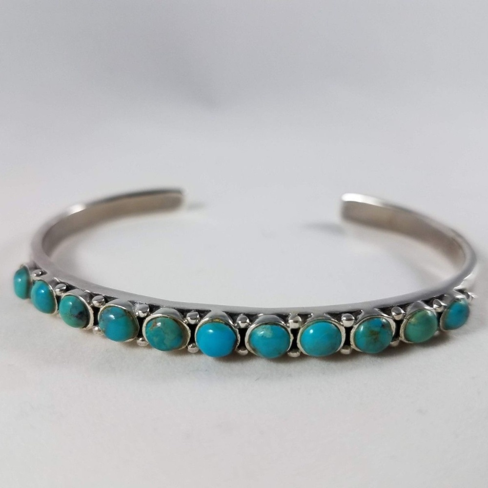 Blue Turquoise Row Cuff Sterling Silver Bracelet